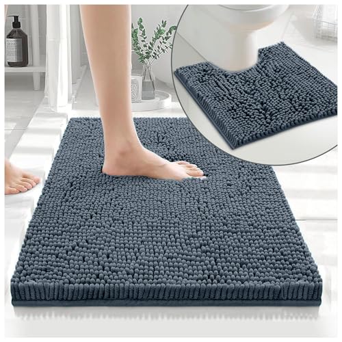 GC GAVENO CAVAILIA Soft Bath Mat Sets For Bathroom - 2 Piece Bath Mat Non Slip Back - Highly Water Absorbent & Fast Drying 100% Microfiber Chenille Toilet Rug with Pedestal Mat - Dark Grey