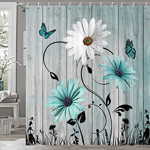 Bzhilja Rustic Farmhouse Floral Shower Curtain, Farm Teal Daisy Flowers Butterfly Old Wooden Board Country Bath Curtains, Turquoise Blue Fabric Bathroom Accessory Sets with Hooks, 60 x 70