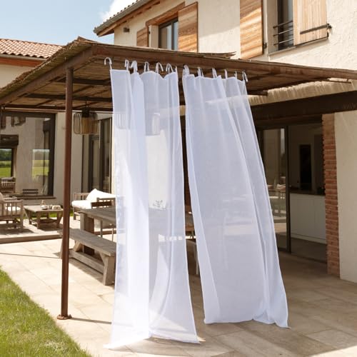 Water-Repellent Linen Effect Outdoor Net Curtain - White - 140 x 250 cm - Tie Fastening - Natural Rendering with Flamed Thread - Ready to Hang