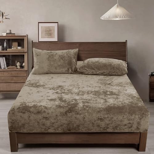 "PHF Truly Velvet Fitted Sheet Only King Size, Luxury Super Soft Cozy Comfy Fleece Bottom with 15"" Deep Pocket,Suitable for Fall Winter and Spring, No Pillowcases, Khaki"