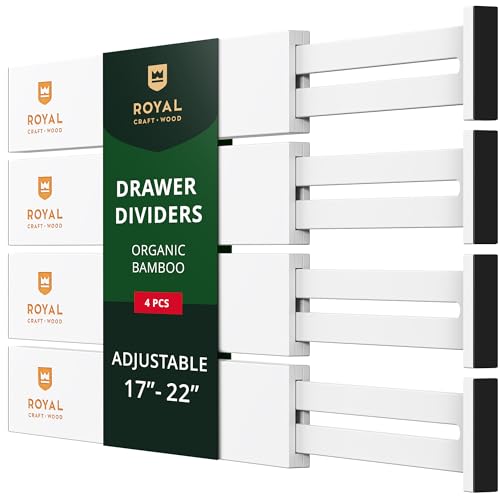 ROYAL CRAFT WOOD Adjustable Bamboo Drawer Dividers Organisers - Expandable Drawer Organiser Separators for Kitchen, Dresser, Bedroom, Bathroom and Office, Pack of 4 (17-22 Inches, White)