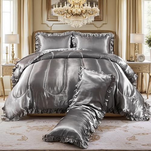 Satin Queen Comforter Set Silk Like Satin Bedding Set 4 Pcs Hotel Soft Polyester Grey Bed Set Luxury Silky Body Pillow Cover Ruffle Down Comforter Home Decor