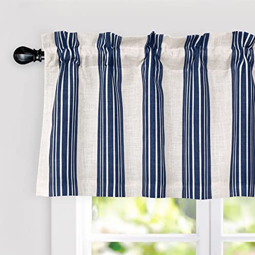 DriftAway Chris Vertical Striped Pattern Linen Textured Thermal Insulated Blackout Window Curtain Valance Rod Pocket Lined Single 52 Inch by 18 Inch Plus 2 Inch Header Ivory Dark Blue