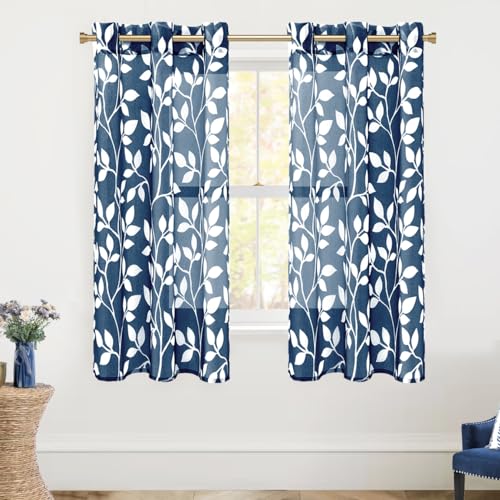 XTMYI Blue and White Curtains for Bathroom Kitchen Window 63 Inch Length,Two Tone Leaf Printed Curtains for Teen Boys Bedroom Living Room