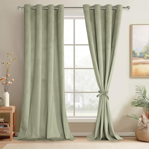 JIUZHEN Sage Green Velvet Curtains - Bedroom Window Drapes, Room Darkening, Energy Efficient for Living Room, Home Office, Balcony - W 52 x L 96, 2 Panels