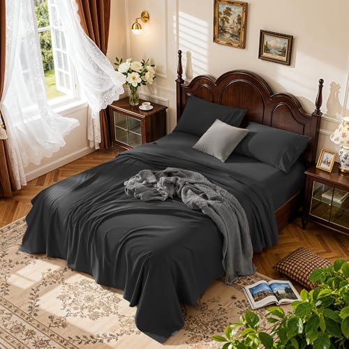 LBRO2M 1000 Thread Count 100% Cotton Sheets Set, 4 Piece Sets Bed Sheet (Black, California King)