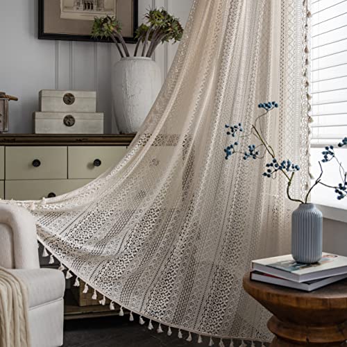 "Sutuo Home Beige Boho Curtains Crochet Lace Semi-Sheer Bohemian Hollow Knitted Handmade Tassels, Rod Pocket Window Treatment Vintage Rustic Farmhouse Drapes for Glass Slide Door, 1 Panel 59"" W x 90"" L"