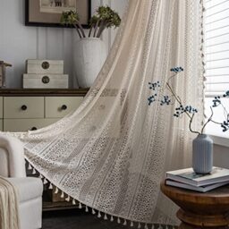 "Sutuo Home Beige Boho Curtains Crochet Lace Semi-Sheer Bohemian Hollow Knitted Handmade Tassels, Rod Pocket Window Treatment Vintage Rustic Farmhouse Drapes for Glass Slide Door, 1 Panel 59"" W x 90"" L"