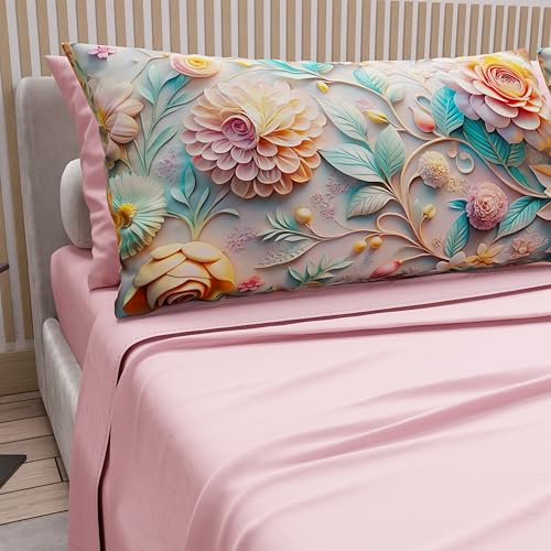 PETTI Artigiani Italiani - Cotton Sheets with Pillowcases in Digital Print, Double Maxi, Complete Top and Bottom Sheet with Corners, Floral 05 11 Pink, 100% Made in Italy