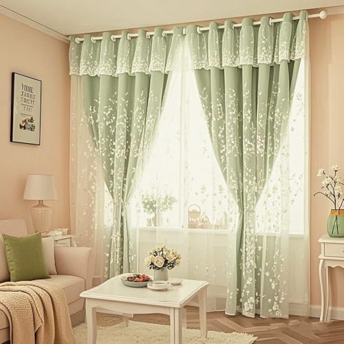 Amidoudou 1 Pair Double Layer Flower Curtains for Girls Room Living Room Pastoral Flowers and Leaf Embroidered Curtains for Bedroom (Green,54x90 Inch)