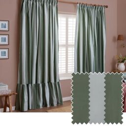 furn. Wylder Birdie Stripe Pencil Pleat Curtain Pair – Ruffled Cotton Striped Room Darkening Curtains (Baygreen/Mist – Width 229 x Drop 137cm)