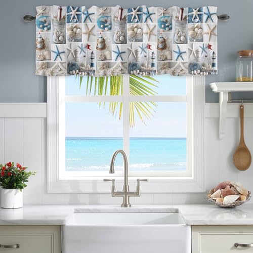 Nautical Valance Curtain for Window,Coastal Lighthouse Starfish Collage Plaid Rod Pocket Kitchen Valances Short Curtain Panel Summer Beach Conch Window Treatment Drape for Bathroom/Bedroom/Cafe