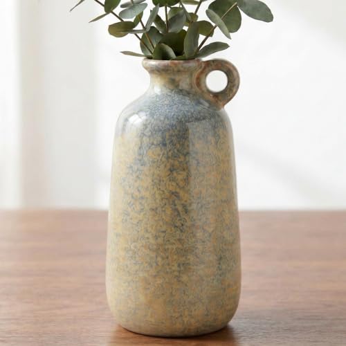 10 inch Ceramic Brown Vase - Rustic Farmhouse Vases with Handle for Fireplace Mantel, Coffee Table, Ktichen, Living Room, Home Decor