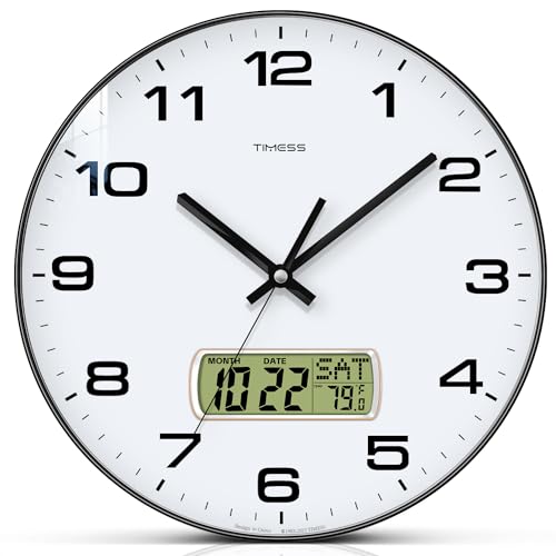 "TIMESS Wall Clock, 10"" Dial Non-Ticking Silent Battery Operated Analog with LCD Display for Perpetual Calendar and F?? Temperature, Ideal Modern Home, Bedroom, Kitchen, Office Decor (Black)"