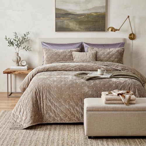 Tache Velvet Dreams Luxurious Velveteen Velour Super Soft Plush Warm Cozy Diamond Tufted Polka Dot Quilted Coverlet Tan Beige Neutral Bedspread Set, King