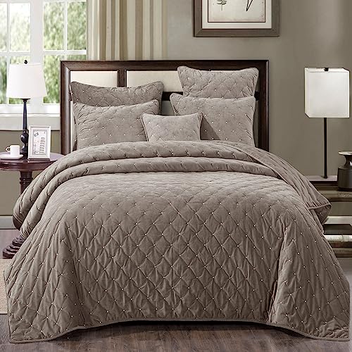 Tache Velvet Dreams Luxurious Velveteen Velour Super Soft Plush Warm Cozy Diamond Tufted Polka Dot Quilted Coverlet Tan Beige Neutral Bedspread Set, King