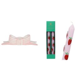 Pink Bow Ceramic Candle Holder & Strawberry 3D Dinner Candles Spring Bundle