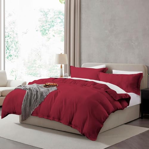 Hearth & Harbor Twin Duvet Cover Set - Twin/Twin XL Soft Prewashed Burgundy Red Duvet Cover, 2 Piece Set with Zipper Closure, 1 Duvet Cover 68x90 inches and 1 Pillow Sham