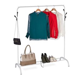 Relaxdays Coat Rack Metal, Shoe & Bag Shelf, 6 Hooks, Clothes Rail Bedroom, HWD: 145 x 132 x 44 cm, Free Standing, White, Steel