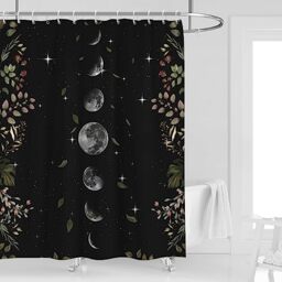 Moon Phase Shower Curtain 60''W x 72''L Black Celestial Gothic Goth Witch Witchy Dark Moonlit Lunar Eclipse Crescent Bathroom Curtains Leaves Plants Background Polyester Fabric 12 Pack Plastic Hooks