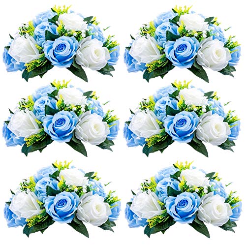 Sziqiqi Silk Rose Flower Balls for Table Centerpieces, Blue&White, 6Pcs - 6Pcs 9.5in Diameter, Faux Artificial Flowers, Floral Arrangements, For Wedding, Birthday, Party Decorations, Bridal Shower