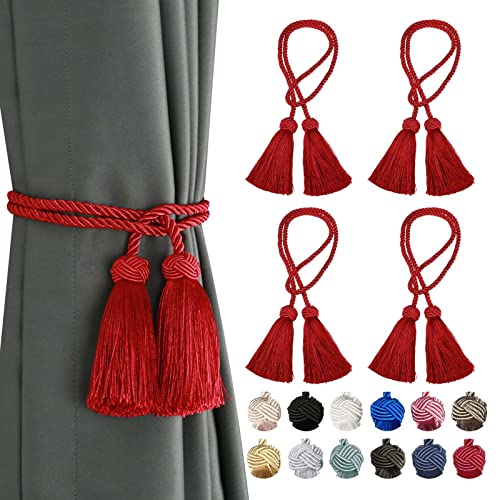 BEL AVENIR 4 Pack Curtain Handmade Tiebacks Decorative Curtain Holdbacks with Tassel (Red, 4 Pack)