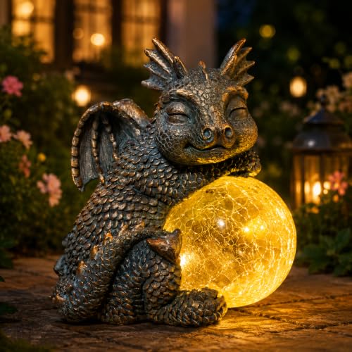 WONDER GARDEN Dragon Statue - Sleeping Dragon Figurines Solar Light Resin Garden Statues with Crackled Glass Globe Outdoor Waterproof Lawn Ornament Decor