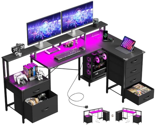 IRONCK L Shaped Gaming Desk 189×100cm, Corner Desk with LED & Power Outlets