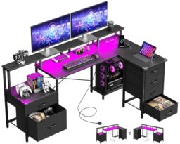 IRONCK L Shaped Gaming Desk 189×100cm, Corner Desk with LED & Power Outlets