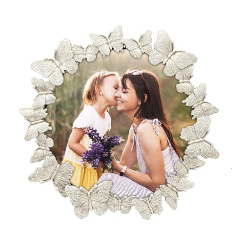 GIFTY GIFTY Circular Silver Butterfly Photo Frame / 4x4 In - For Vertical Display on Tabletops - Perfect for Home Decor, Wedding, Vacation, Graduation, Or Any Milestone Photos
