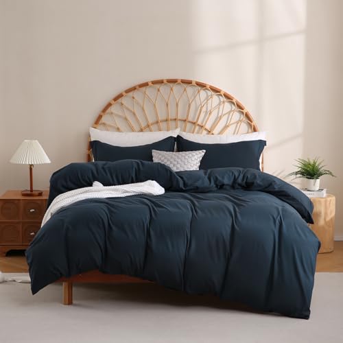 JSD Navy Blue Duvet Cover Set Queen Size - 3 Piece Soft Microfiber Duvet Cover with Pillow Shams Zipper Closure, Comforter Not Included, Oeko-Tex Certified