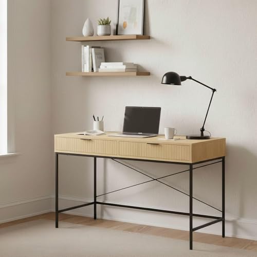 Home Source Wisbech Industrial Study Desk with 2 Drawers – Oak Effect Top, Black Metal Frame - 120W x 48D x 77H cm - Home Office Computer Desk