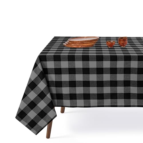 Native Fab Buffalo Check Tablecloth, 100% Cotton, 60x84 Inches, Stylish Farmhouse Dining Table Cover, Ideal for Modern Homes, Fall and Winter Dining, Indoor Outdoor Use, Light Grey and Black