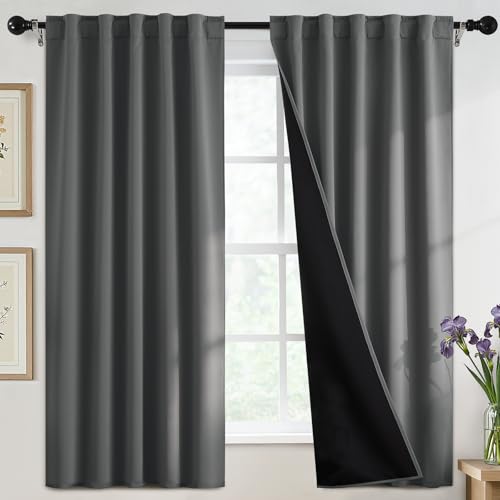 SimpleHome 100% Blackout 63 Inch Grey Curtains for Living Room - Curtains for Bedroom,Rod Pocket and Back Tab Window Drapes,Room Darkening Curtains with Black Back,52 x 63 Inch,2 Panels