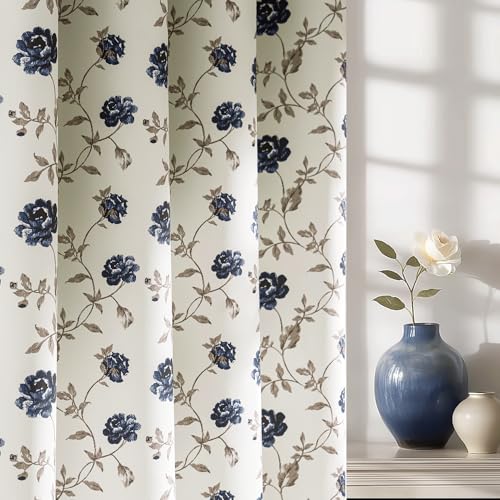 Beauoop Floral 100% Blackout Curtains for Bedroom Blue Brown 52x63 2 Panels - Rose Flower Patterned Room Darkening Drapes for Living Room 63 Inch Long Thermal Soundproof Window treatment Grommet