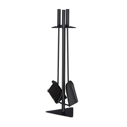 Relaxdays 4-Piece Fireplace Companion Tool Set Shovel, Brush, Poker & Holder, Modern Design, Black
