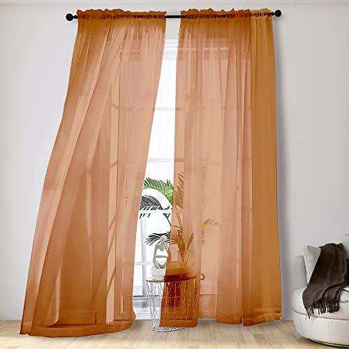 OVZME Orange Sheer Curtains 108 Inches Long, Light Filtering Semi Transparent Lightweight Voile Rod Pocket Window Curtains for Bedroom, Living Room, W42 x L108, Set of 2 Drape Panels