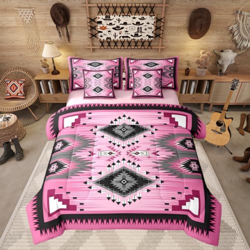 Erosebridal Bohemian Decor Bed in A Bag Twin Size Rustic Western Kids Comforter Set 7 Piece Pink Boho Aztec Bedding Set for Boys Teens Adult Bedroom Decor Geometric American Native Sheets