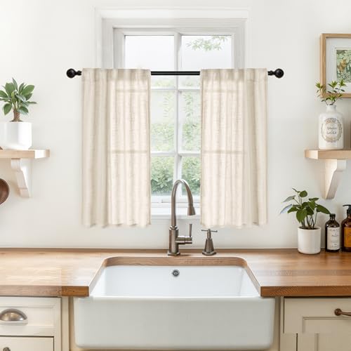 YoungsTex Natural Linen Cafe Curtains 36 Inch Length - Small Half Drapes Semi Sheer with Rod Pocket Back Tab Light Filtering for Bathroom Kitchen Windows Set, Oatmeal, 2 Panels, 29 X 36 Inch