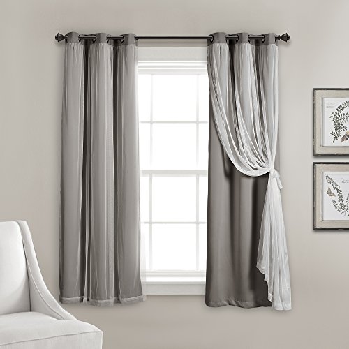 "Lush Decor Sheer Grommet Curtains With Insulated Blackout Lining, Window Curtain Panels, Pair, 38"" W x 63"" L, Dark Gray - Curtain With Sheer Overlay, Elegant Blackout Curtains for Bedroom"
