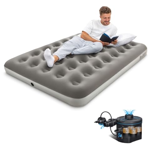 Bestway Premium Camping Double Airbed with Cordless Battery Pump - Double Flocked Inflatable Bed Portable, Air Mattress, Outdoor Camping Air Bed, Fast Inflation