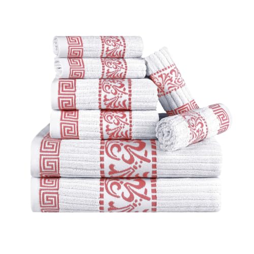 Superior 8-Piece Cotton Towel Set, Decorative Greek Pattern, Home Essentials, Absorbent Towels, Decor for Bathroom, Spa, Includes 2 Hand, 2 Face and 4 Bath Towels, Athens Collection, Coral
