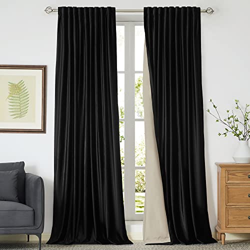 Black Plush Velvet Blackout Curtains 90 Inch Long for Bedroom, Set of 2 Panels With Liner Rod Pocket Back Tab Thermal Window Drapes, Room Darkening Heavy Decorative for Living Room