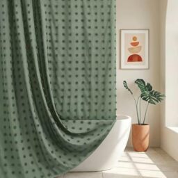 Siiluminisoy Green Boho Shower Curtain Woven Fabric Cute Shower Curtain, 72 x 72 Tufted Pleat Floral Puffs Textured Modern Farmhouse Minimalist Shower Curtain Set with Hooks for Bathroom