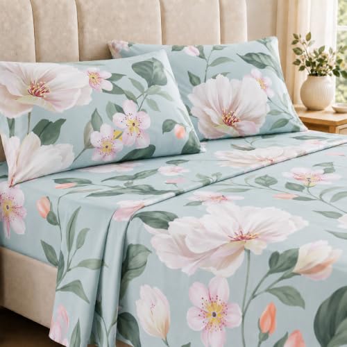 HCORA Floral Full Size Sheets Set, Luxury 1800TC Hotel Quality Double Brushed Microfiber Deep Pocket Bed Sheets, Ultra Soft, Breathable and Cooling, 4PC, Full