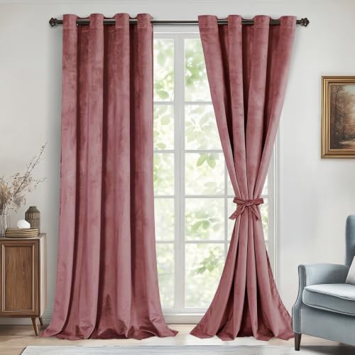 DWCN Velvet Blackout Curtains - Wild Rose Tieable Window Curtains Panels Grommet Design Thick Fabric Thermal Insulated Window Dressing for Theater/Den/Dorm/Dining, W52 x L90, 2 Panels
