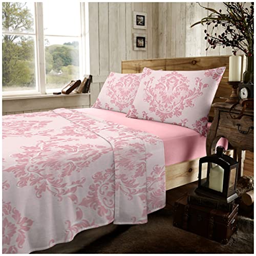 GC GAVENO CAVAILIA Super Soft Damask Sheet Sets Fitted, Flat, Pillowcases For Double Bed, Easy Care 100% Brushed Cotton Bedding & Linen, Blush Pink (736318)