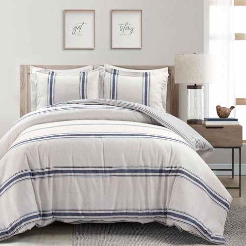 Lush Decor Farmhouse Stripe Reversible Cotton Duvet Cover 3 Piece Set, Navy, Full/Queen