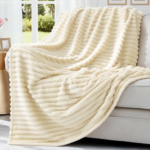 decorUhome Beige Fleece Twin Blanket 60x80 Inches - Soft Couch Cozy Fluffy Plush Flannel Striped Blanket for Sofa Bed, Lightweight Decorative Ribbed Fuzzy Blanket for Woman