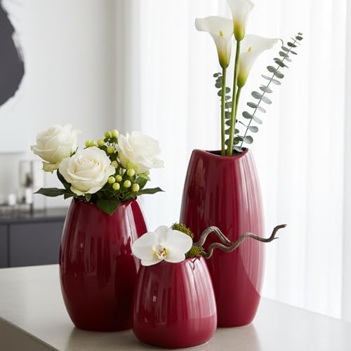 Ceramic Flower Vases for Home Decor, Modern White Vase for Centerpieces, Shelf Decoration, Tabletop, Living Room, Home Decor, Red, Set of 3